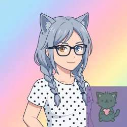 Catgirl with blue-gray colored hair, vearing white polkadot t-shirt and smart-glasses with black rimms
